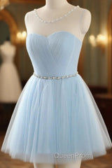 Custom Made Round Neck Short Blue Evening Prom Dresses, Short Blue Graduation Dresses, Homecoming Dresses, Blue Bridesmaid Dresses