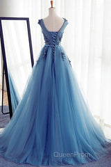 Custom Made Round Neck Sleeveless Lace Evening Prom Dresses, Blue Lace Formal Dresses