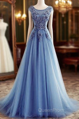 Custom Made Round Neck Sleeveless Lace Evening Prom Dresses, Blue Lace Formal Dresses