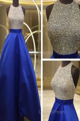 Custom Made Royal Blue Round Neck Sleeveless Evening Prom Dresses, Blue Formal Dresses