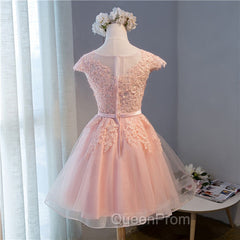 Custom Pink Lovely Cap Sleeves Knee Length Evening Dresses, Pink Tulle Evening Prom Dresses