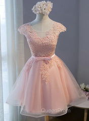Custom Pink Lovely Cap Sleeves Knee Length Evening Dresses, Pink Tulle Evening Prom Dresses