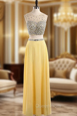 Custom Sexy Yellow Sequins Beaded 2 Piece Evening Prom Dresses Scoop Long