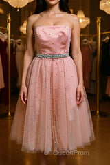 Cute A Line Strapless Beaded Pink Short Evening Prom Dresses Homecoming Dresses, Strapless Pink Formal Graduation Evening Dresses