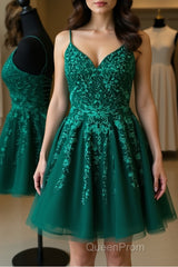 Cute A Line V Neck Backless Green Lace Evening Prom Dresses, Short Backless Green Lace Formal Graduation Homecoming Dresses