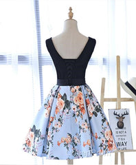 Cute Blue Floral And Black Satin Homecoming Dresses In Stock, Lovely Party Dresses For Teens