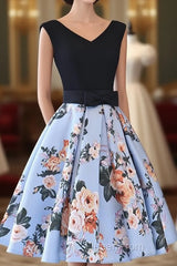 Cute Blue Floral And Black Satin Homecoming Dresses In Stock, Lovely Party Dresses For Teens
