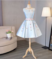 Cute Blue Satin Short Homecoming Dresses Party Dresses, Blue Evening Prom Dresses With Flowers