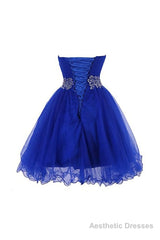 Cute Blue Sweetheart Tulle Cocktail Dress Homecoming Dress With Beading, Short Prom Dress