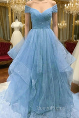 Cute Blue Tulle Sweetheart Layers Long Evening Dresses, Blue Evening Gown Evening Prom Dresses