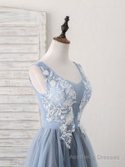 Cute Blue V Neck Tulle Lace Applique Short Prom Dress, Blue Homecoming Dress