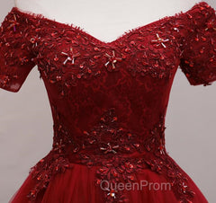 Cute Burgundy Off Shoulder Tulle Party Dresses, Wine Red Homecoming Dresses