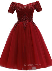 Cute Burgundy Off Shoulder Tulle Party Dresses, Wine Red Homecoming Dresses