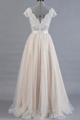Cute Cap Sleeve V-neck Lace Tulle Wedding Dresses