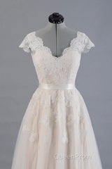Cute Cap Sleeve V-neck Lace Tulle Wedding Dresses