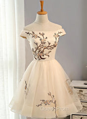 Cute Champagne Off Shoulder Knee Length Evening Prom Dresses , Lovely Evening Dresses