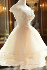 Cute Champagne Organza Layers Knee Length Homecoming Dresses with Lace, Short Evening Prom Dresses