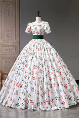Cute Cherry Pattern Long Princess Evening Prom Dresses, White A-Line Evening Party Dresses