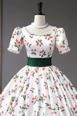 Cute Cherry Pattern Long Princess Evening Prom Dresses, White A-Line Evening Party Dresses