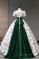 Cute Cherry Pattern Long Princess Evening Prom Dresses, White A-Line Evening Party Dresses