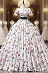 Cute Cherry Pattern Long Princess Evening Prom Dresses, White A-Line Evening Party Dresses