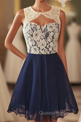 Cute Dark Navy Homecoming Dresses Lace Open Back Short Formal Dresses