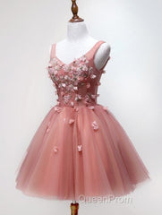 Cute Dark Pearl Pink Knee Length V-Neckline Flower Homecoming Dresses, New Party Dresses