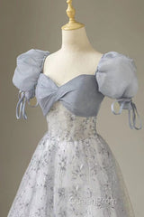 Cute Floral Printed Long Evening Prom Dresses A Line Puff Sleeves Blue Party Gown