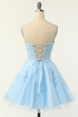 Cute Glitter Blue Homecoming Dresses A Line Sequins Short Evening Prom Dresses with Appliques
