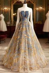 Cute Gradient Tulle Long Evening Dresses, A-Line Strapless Evening Prom Dresses Evening Dresses