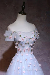 Cute Gray Blue Tulle Short Evening Prom Dresses, Off The Shoulder Homecoming Dresses