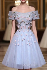 Cute Gray Blue Tulle Short Evening Prom Dresses, Off The Shoulder Homecoming Dresses