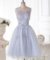Cute Gray Round Neck  Lace Tulle Short Prom Dress, Homecoming Dress