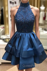 Cute High-Neck Sequin Beaded Short Blue Evening Prom Dresses, Blue Homecoming Dresses