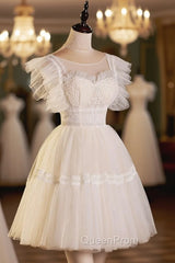 Cute Lace Short A-Line Evening Prom Dresses, Champagne Mini Homecoming Party Dresses