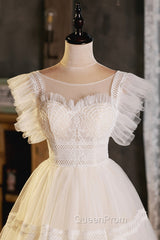 Cute Lace Short A-Line Evening Prom Dresses, Champagne Mini Homecoming Party Dresses