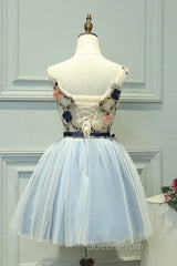 Cute Light Blue Short Tulle Homecoming Dresses, Blue Evening Prom Dresses