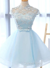 Cute Light Blue Tulle With Lace Party Dresses , Beautiful Short Classical Formal Dresses