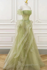 Cute Light Green A-Line Beaded Tulle Party Dresses, Light Green Long Evening Prom Dresses