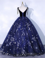 Cute Navy Blue Ball Gown V-Neckline Party Dresses, Navy Blue Sweet 16 Dresses