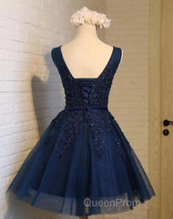 Cute Navy Blue Knee Length Lace Applique Party Dresses, Homecoming Dresses
