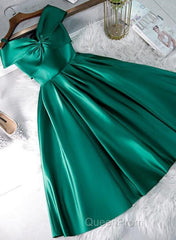 Cute Off Shoulder Green Satin Short Evening Prom Dresses, Off the Shoulder Green Homecoming Dresses, Green Formal Evening Dresses