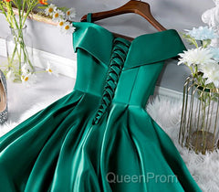 Cute Off Shoulder Green Satin Short Evening Prom Dresses, Off the Shoulder Green Homecoming Dresses, Green Formal Evening Dresses