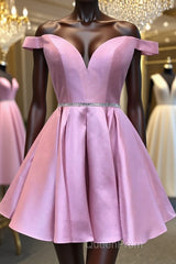 Cute Off Shoulder Pink Satin Short Evening Prom Dresses, Off the Shoulder Pink Homecoming Dresses, Pink Formal Graduation Evening Dresses