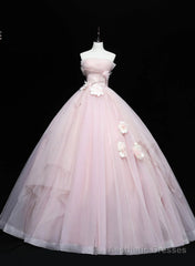 Cute Pink Ball Gown Tulle with Flowers Sweet 16 Dress, Pink Tulle Party Dress