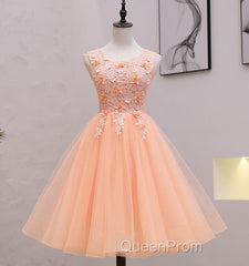 Cute Pink Flowers And Lace Applique Round Neckline Party Dresses, Pink Homecoming Dresses