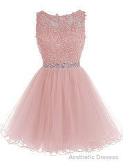 Cute Pink Handmade Tulle Beaded Party Dress, Pink Homecoming Dress