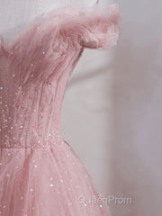 Cute Pink Princess Tulle Sequin Evening Prom Dresses Off The Shoulder Evening Dresses