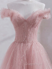 Cute Pink Princess Tulle Sequin Evening Prom Dresses Off The Shoulder Evening Dresses