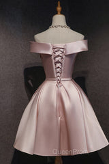 Cute Pink Satin Off Shoulder Knee Length Formal Dresses, Lovely Evening Prom Dresses